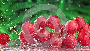 Red grapes fall with splashes on a wet table. Filmed on a high-speed camera at 1000 fps.