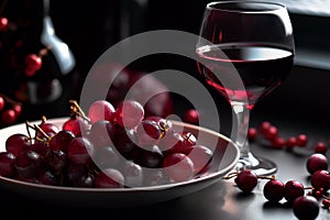 Red Grapes on a Plate with Wine Glass and Bottle