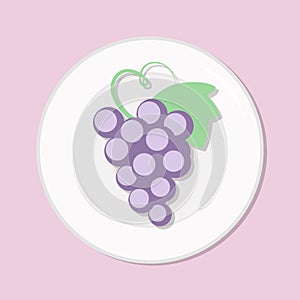 Red grapes ripe, purple berries, healthy diet meal on plate. Vector illustration. Simple flat stock image. Tropical fruit on table