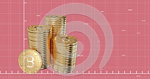 Red graph moving over stack of bitcoins against pink background.