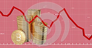 Red graph moving over stack of bitcoins against pink background.