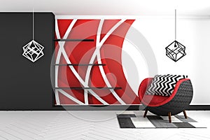 Red graphic wall background, with red armchair and carpet and lamps modern style . 3D rendering