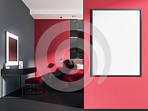 Red and gray bedroom interior, poster