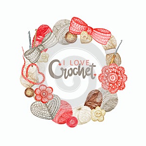 Red gray beige Crochet Shop Logotype round frame with lettering phrase I love crochet. Branding, Avatar composition of
