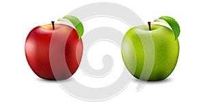 Red and Green Apple Set. Realistic With Leaf. Detailed 3d Illustration Isolated On White. Vector Illustration.