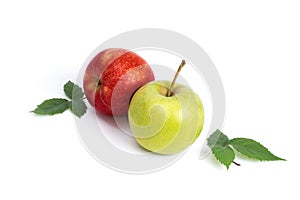 Red and green apple on a white background. Green and red apples juicy on an isolated background. A group of two apples with green