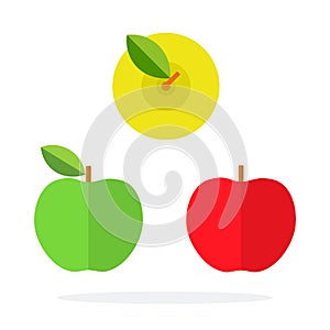 Red and green apples side view and yellow apple top view flat isolated