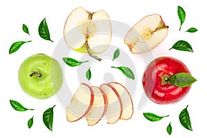 Red and green apples with slices and leaves isolated on white background top view. Set or collection. Flat lay pattern
