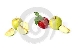 Red and green apples on a white background. Green and red juicy apples on an isolated background. A group of ripe apples on a whit