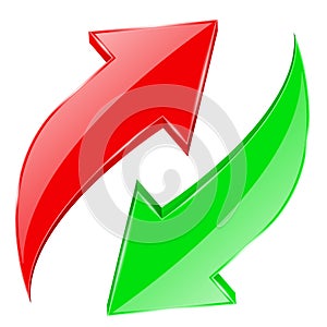 Red and green arrows set. Shiny 3d web icons in circular motion. Recycle symbol