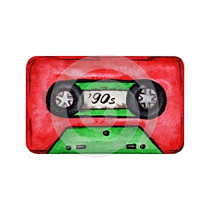 Red and green audio cassette tape. Hand drawn watercolor illustration on white background. Isolated design element from era 80s