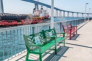 Red and Green Bench on Cesar Chavez Pier