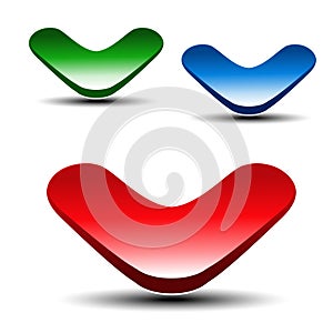 Red, green and blue arrow on white background. Simple arrow buttons. Web link or pointer. Symbol of next, read more, play, go photo