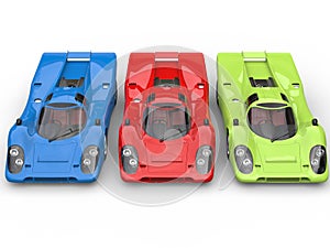 Red, Green and Blue awesome vintage race cars - top view