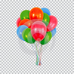 Red green and blue helium balloons set isolated on transparent background.