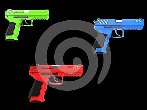 Red, green and blue modern handguns