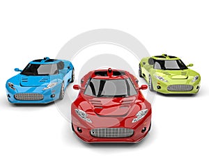 Red, green and blue modern super race cars