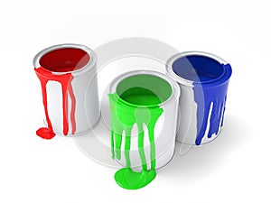 Red, green and blue paint dripping from the sides of paint cans