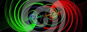 Red, green, blue spirals and lines create patterns on a black background. Two abstract fractal backgrounds in one. 3D rendering.