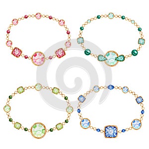 Red, green, blue square and round crystal gemstone with gold element. Beautiful jewelry bracelete set. Watercolor