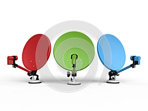 Red, green and blue TV satellite dishes