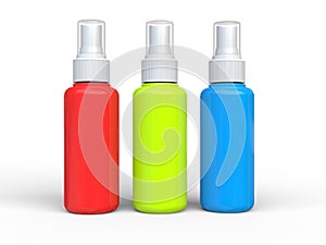 Red, green and blue unlabled spray bottles