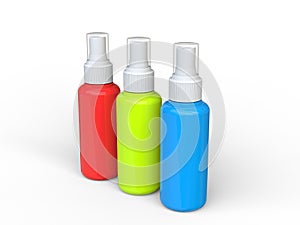 Red, green and blue unlabled spray bottles - top view