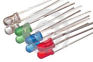 red green blue and white leds with reflection isolated on white background