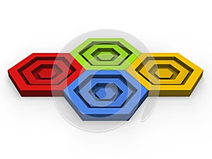 Red, green, blue and yellow hexagon puzzle pieces - fit together
