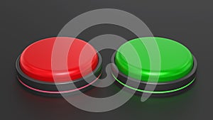 Red and green buttons. Stop and start, voting or right and wrong concept. 3D rendered image.