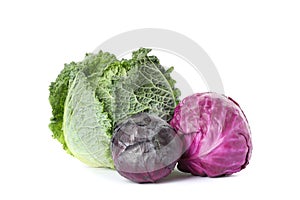 Red and green cabbage isolated on white