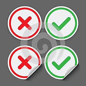 Red and green check mark stickers. Vector check mark icons.