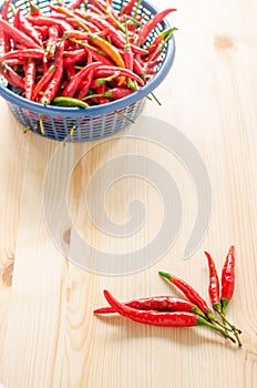 Red and green chili in blue plastic basket.