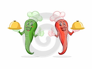 Red And Green Chili Hold Food Tray. Spicy Food Mascot Cartoon illustration Vector