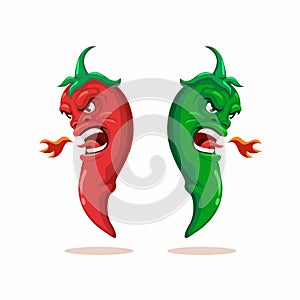 Red And Green Chili Hot Spicy Character Set Cartoon Illustration Vector