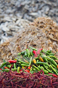 Red and green chili pepper in nepali market
