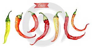 Red and green chili peppers isolated on white watercolor illustration