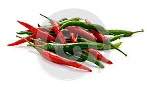 Red and Green Chili peppers on white background