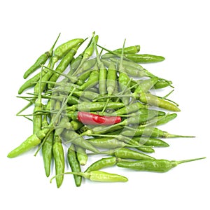 Red green chilis isolated on white background