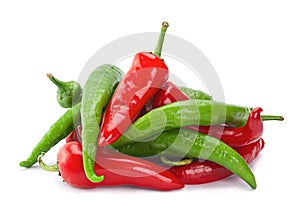 Red green chilli pepper on white