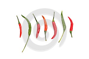 Red and green chilli peppers on white background