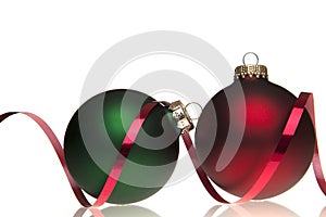 Red and Green Christmas balls with red ribbon