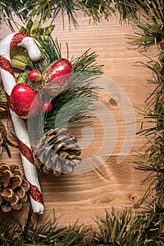 Red and green Christmas decoration grunge wooden background