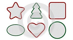 Red green Christmas labels with knit background and border. Greeting card template for Xmas festive. Winter patches