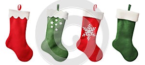 Red and green Christmas stocking, sock isolated on transparent background. New Year holidays.