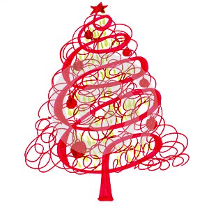 Red and green christmas tree with patterns, graphic linear drawing on white background