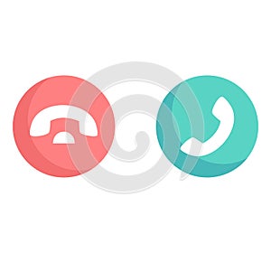 Red and green circle icons with phone handset symbols. Communication concept buttons, call and hang up icons. Vector