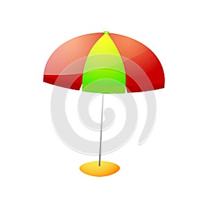 Red green color beach umbrella on stone stand