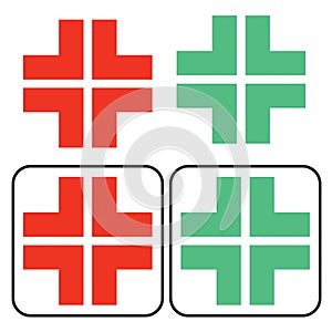 Red and green crosses on a white background