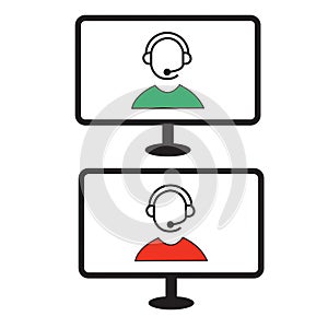 Red and green customer service icons in computer monitors